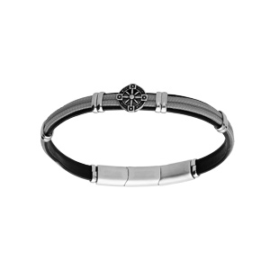Bracelet en acier et cuir noir, cordon gris et pastille motif roue 20+1cm double fermoir