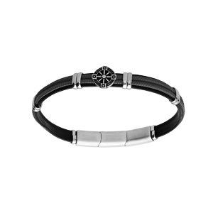Bracelet en acier et cuir noir, cordon noir et pastille motif roue 20+1cm double fermoir