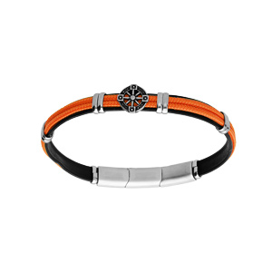 Bracelet en acier et cuir noir, cordon orange et pastille motif roue 20+1cm double fermoir