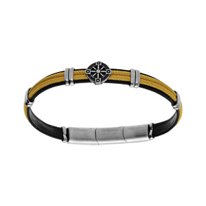 Bracelet en acier et cuir noir, cordon jaune et pastille motif roue 20+1cm double fermoir