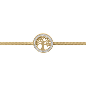 Bracelet acier PVD doré maille serpent motif arbre de vie résine et strass réglable 17 à 190cm