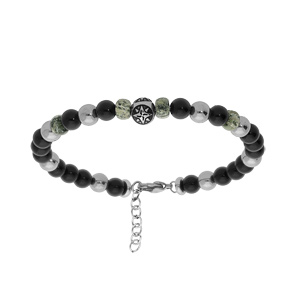 Bracelet en acier motif et boules et pierres véritables Labradorite et Onyx 19+2cm