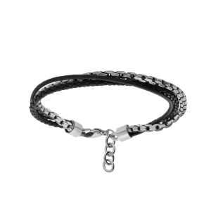 Bracelet en acier 3 rangs 2 fils de synthèse cuir noir 19+2cm