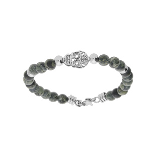 Bracelet en acier boules de Jjaspe vert véritable avec tête de mort 18+3cm