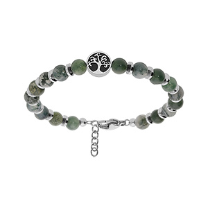 Bracelet en acier boules Jaspe véritable vert avec arbre de vie 18+3cm