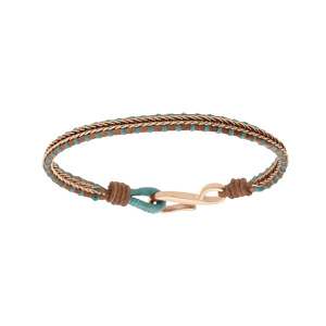 Bracelet en acier et PVD rose cuir marron véritable cordon turquoise 18cm