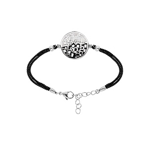 Bracelet Stella Mia en acier cordon noir avec pastille ronde noire et blanche et nacre 15,5+3,5cm