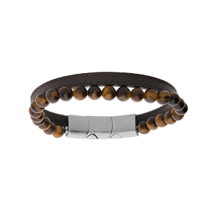 Bracelet en acier et cuir marron avec perles Oeil de Tigre 6mm 19.5cm + 1cm double fermoir