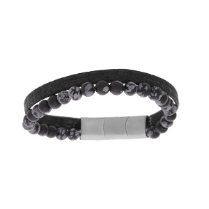 Bracelet en acier et cuir noir et perles en Onyx 6mm 19.5cm + 1cm double fermoir