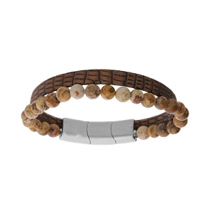 Bracelet en acier et cuir marron clair et boules en Paésine 6mm 19.5cm + 1cm double fermoir