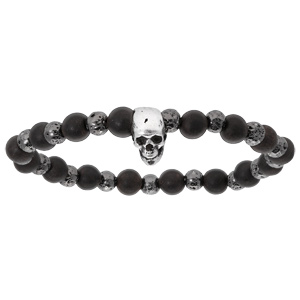 Bracelet extensible junior avec perles de bois noir et pierre de lave métallisée avec tête de mort