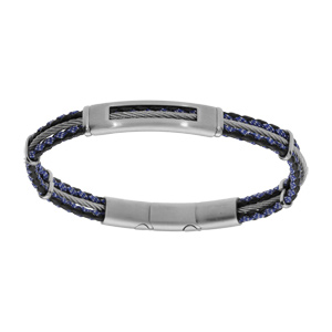 Bracelet en acier cordon bleu et noir avect câble gris longueur 20+1cm double fermoir