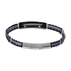 Bracelet en acier cordon bleu et noir avec câble gris pièce rectangulaire au centre longueur 20+1cm 