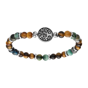 Bracelet extensible en acier perles Oeil de Tigre avec pastille motif arbre de vie