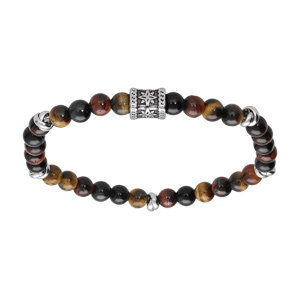 Bracelet extensible en acier perles Oeil de Tigre véritable et perle tube motifs ciselés