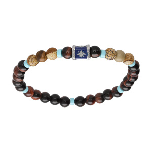 Bracelet extensible en acier perles Oeil de Tigre et Paesina avec rondelles couleur turquoise