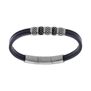 Bracelet en acier et cuir bovin bleu motif fermoir aimanté 20+1.5cm double fermoir