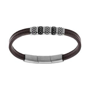Bracelet en acier et cuir bovin marron motif fermoir aimanté 20+1.5cm réglable