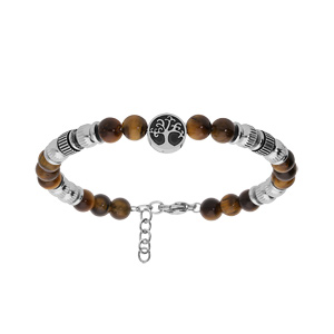 Bracelet en acier avec boules Oeil de Tigre marron et pastille motif arbre de vie 18+3cm