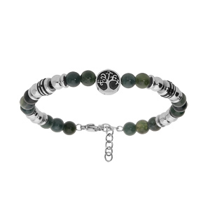 Bracelet en acier avec boules d'Agate verte véritable et pastille motif arbre de vie 18+3cm