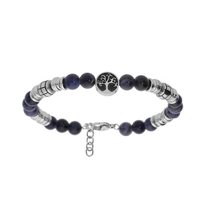 Bracelet en acier avec boules Sodalite véritable et pastille motif arbre de vie 18+3cm