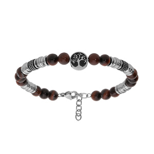 Bracelet en acier avec boules Oeil de Tigre rouge véritable et pastille motif arbre de vie 18+3cm