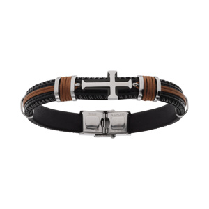 Bracelet+en+acier+et+cuir+bovin+noir+et+cordon+marron+avec+croix++-+20.5cm