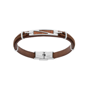 Bracelet en acier et cuir marron avec plaquette aspect bois 20cm