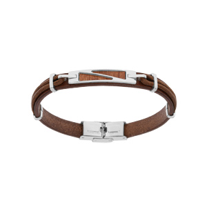 Bracelet en acier et cuir marron avec plaquette aspect bois 20cm