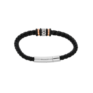 Bracelet en acier et cuir tressé noir avec oxydes blancs sertis 20cm