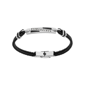Bracelet en acier et cuir 2 rangs tresse noir avec bois noir et oxydes blancs sertis 20cm réglable