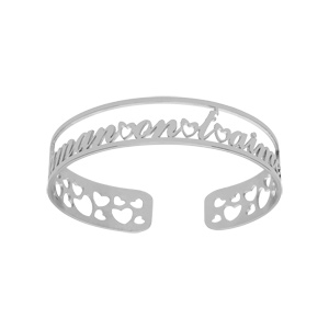 Bracelet manchette en acier rigide ouvert avec découpe « maman on t’aime » et coeurs