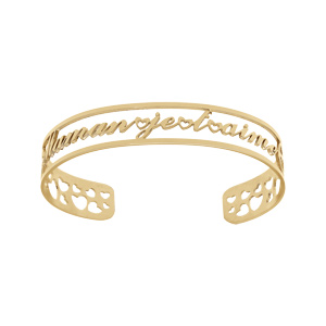 Bracelet manchette en acier et PVD jaune rigide ouvert avec découpe maman je t'aime avec coeurs