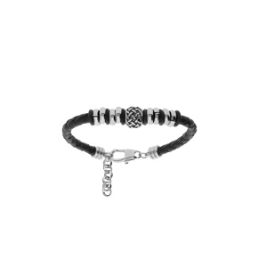 Bracelet junior en acier et cuir noir avec rondelles et perle avec motif croisé 14+3cm