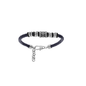 Bracelet junior en acier et cuir bleu avec rondelles et perle avec motif croisé 14+3cm