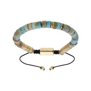 Bracelet en acier et PVD jaune avec pierres de Jasper bleu véritable montées sur cordon noir coulissant