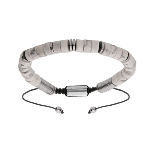 Bracelet en acier avec pierres Howlite véritable montées sur cordon noir coulissant