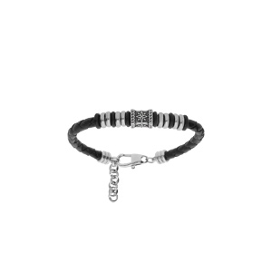 Bracelet junior en acier et cuir brun sombre avec rondelles et perle motif soleil 14+3cm