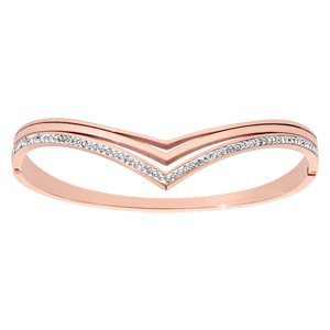 Bracelet jonc en acier et PVD rose articulé style couronne avec oxydes blancs