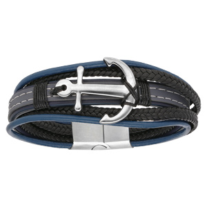 Bracelet en acier et cuir plusieurs rangs bleu noir gris avec ancre 20,5cm
