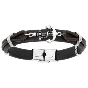 Bracelet en acier et cuir noir et marron avec ancre 20,5cm réglable