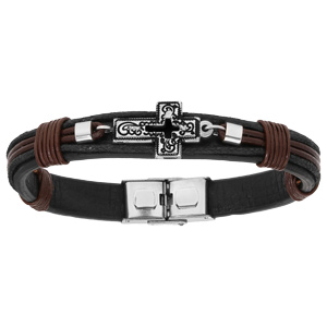 Bracelet en acier et cuir noir et marron avec Croix 20,5cm réglable