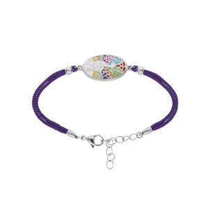 Bracelet Stella Mia en acier avec cordon mauve pastille motif paon multi couleur et Nacre 16+3cm