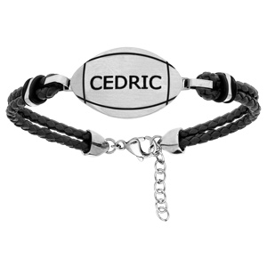 Bracelet acier et cuir 2 rangs noir et ballon de rugby 19+3cm