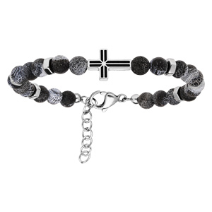 Bracelet en acier avec perles d’Agate grise avec Croix sur le dessus 19+2cm