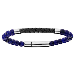 Bracelet en acier avec perles en Lapis Lazulis et cuir noir tressé 20,5cm