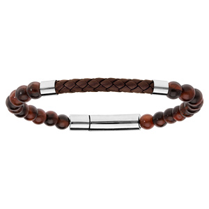Bracelet en acier avec perles en Oeil de tigre et cuir marron tressé 20,5cm