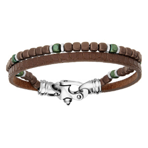 Bracelet en acier 2 rangs cuir marron et cubes marron et vert 21,5cm