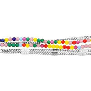 Bracelet en acier double rang de pierres multi couleurs et chaînes 17+2cm