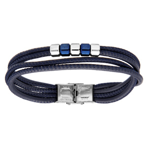 Bracelet en acier et cuir bleu plusieurs rangs et perles 20,5cm réglable